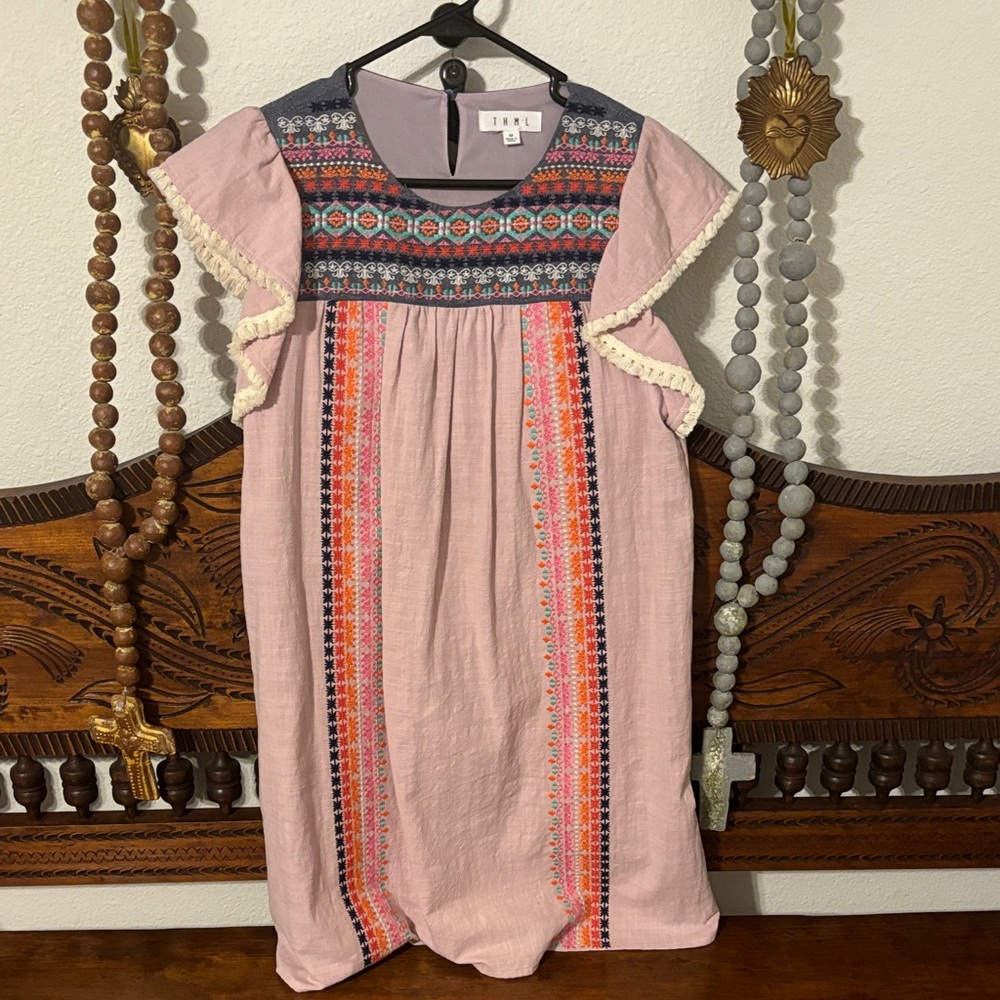 THML Pink and Blue Embroidered Casual Dress
